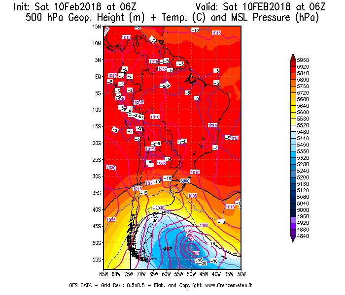 Mappa di analisi GFS - Geopotenziale [m] + Temp. [°C] a 500 hPa + Press. a livello del mare [hPa] in Sud-America
							del 10/02/2018 06 <!--googleoff: index-->UTC<!--googleon: index-->