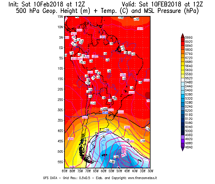 Mappa di analisi GFS - Geopotenziale [m] + Temp. [°C] a 500 hPa + Press. a livello del mare [hPa] in Sud-America
							del 10/02/2018 12 <!--googleoff: index-->UTC<!--googleon: index-->