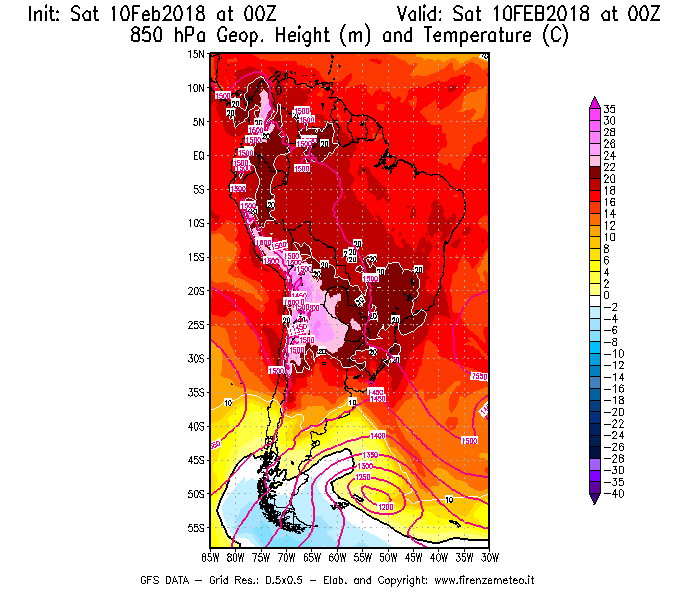 Mappa di analisi GFS - Geopotenziale [m] e Temperatura [°C] a 850 hPa in Sud-America
							del 10/02/2018 00 <!--googleoff: index-->UTC<!--googleon: index-->