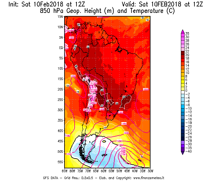 Mappa di analisi GFS - Geopotenziale [m] e Temperatura [°C] a 850 hPa in Sud-America
							del 10/02/2018 12 <!--googleoff: index-->UTC<!--googleon: index-->