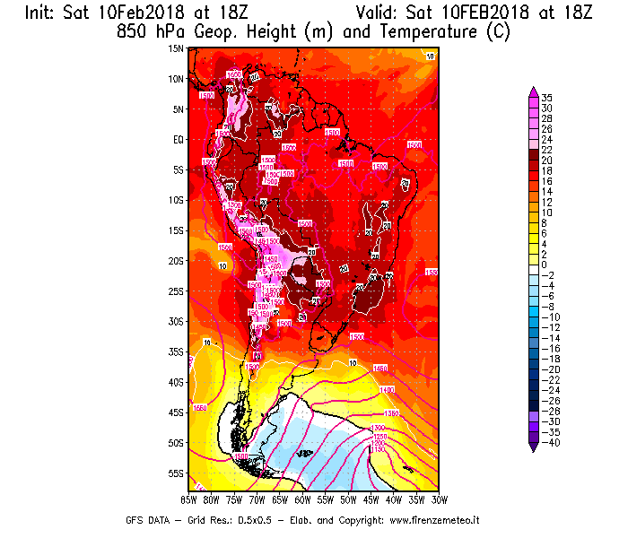 Mappa di analisi GFS - Geopotenziale [m] e Temperatura [°C] a 850 hPa in Sud-America
							del 10/02/2018 18 <!--googleoff: index-->UTC<!--googleon: index-->