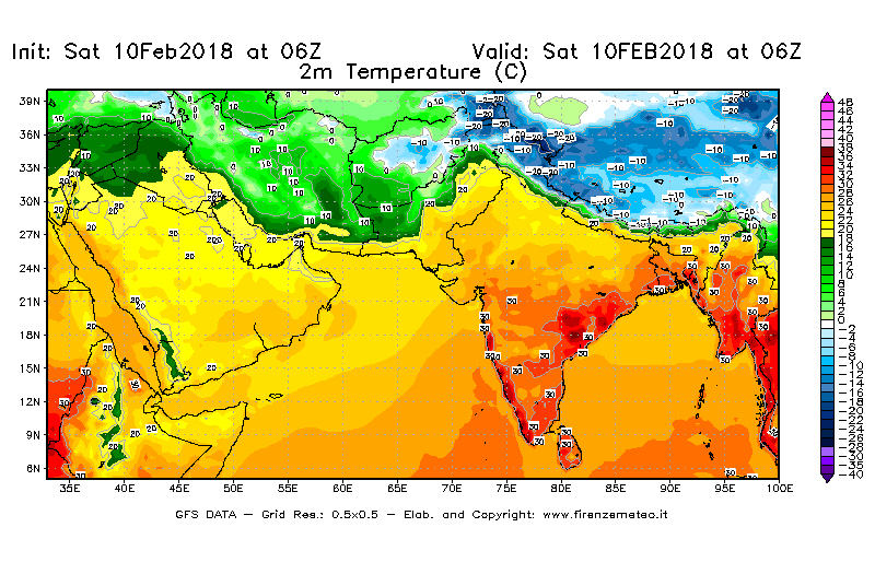 Mappa di analisi GFS - Temperatura a 2 metri dal suolo [°C] in Asia Sud-Occidentale
							del 10/02/2018 06 <!--googleoff: index-->UTC<!--googleon: index-->