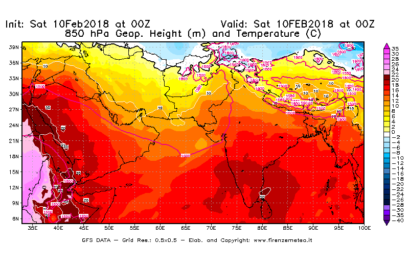 Mappa di analisi GFS - Geopotenziale [m] e Temperatura [°C] a 850 hPa in Asia Sud-Occidentale
							del 10/02/2018 00 <!--googleoff: index-->UTC<!--googleon: index-->