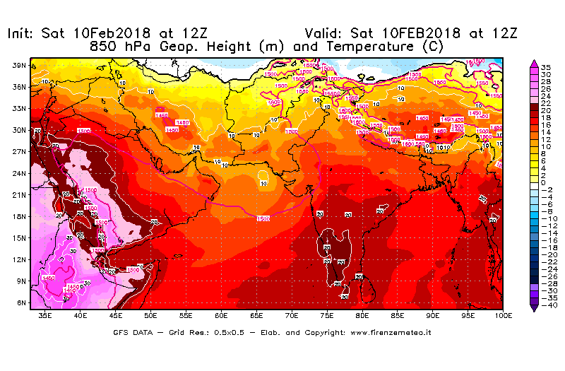 Mappa di analisi GFS - Geopotenziale [m] e Temperatura [°C] a 850 hPa in Asia Sud-Occidentale
							del 10/02/2018 12 <!--googleoff: index-->UTC<!--googleon: index-->