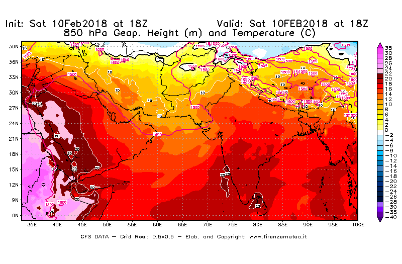 Mappa di analisi GFS - Geopotenziale [m] e Temperatura [°C] a 850 hPa in Asia Sud-Occidentale
							del 10/02/2018 18 <!--googleoff: index-->UTC<!--googleon: index-->