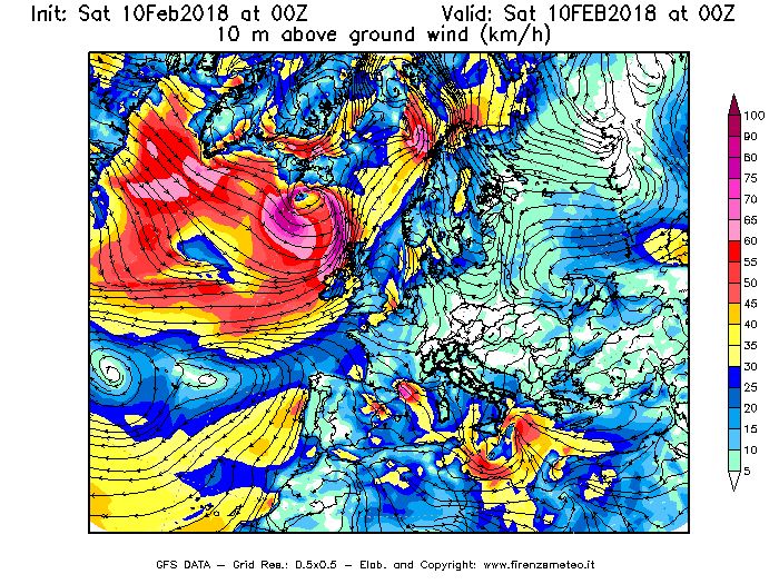 Mappa di analisi GFS - Velocità del vento a 10 metri dal suolo [km/h] in Europa
							del 10/02/2018 00 <!--googleoff: index-->UTC<!--googleon: index-->
