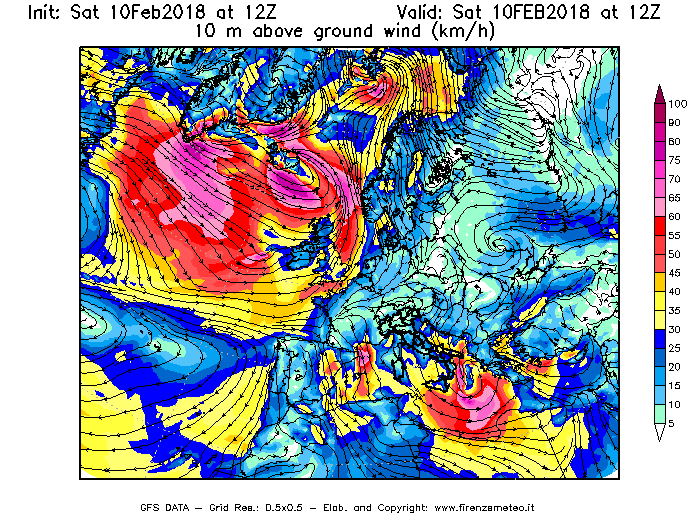 Mappa di analisi GFS - Velocità del vento a 10 metri dal suolo [km/h] in Europa
							del 10/02/2018 12 <!--googleoff: index-->UTC<!--googleon: index-->