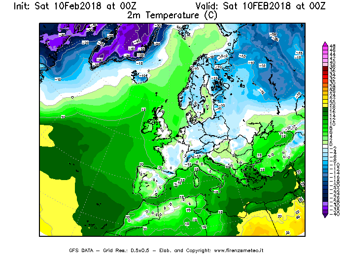 Mappa di analisi GFS - Temperatura a 2 metri dal suolo [°C] in Europa
							del 10/02/2018 00 <!--googleoff: index-->UTC<!--googleon: index-->