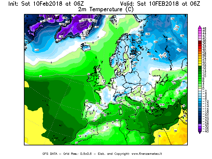 Mappa di analisi GFS - Temperatura a 2 metri dal suolo [°C] in Europa
							del 10/02/2018 06 <!--googleoff: index-->UTC<!--googleon: index-->