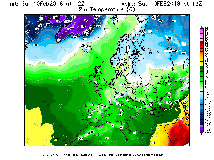 Mappa di analisi GFS - Temperatura a 2 metri dal suolo [°C] in Europa
							del 10/02/2018 12 <!--googleoff: index-->UTC<!--googleon: index-->