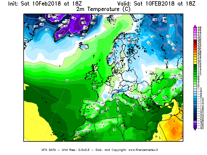 Mappa di analisi GFS - Temperatura a 2 metri dal suolo [°C] in Europa
							del 10/02/2018 18 <!--googleoff: index-->UTC<!--googleon: index-->
