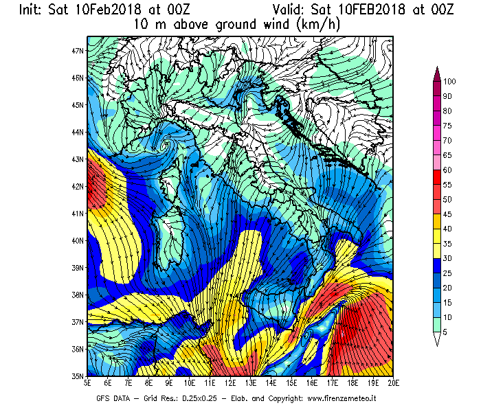 Mappa di analisi GFS - Velocità del vento a 10 metri dal suolo [km/h] in Italia
							del 10/02/2018 00 <!--googleoff: index-->UTC<!--googleon: index-->
