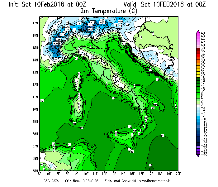Mappa di analisi GFS - Temperatura a 2 metri dal suolo [°C] in Italia
							del 10/02/2018 00 <!--googleoff: index-->UTC<!--googleon: index-->