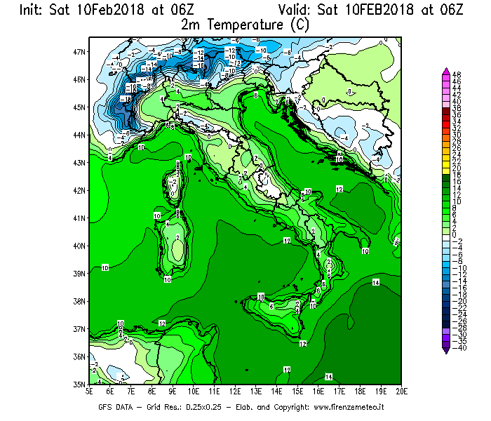 Mappa di analisi GFS - Temperatura a 2 metri dal suolo [°C] in Italia
							del 10/02/2018 06 <!--googleoff: index-->UTC<!--googleon: index-->