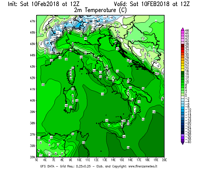 Mappa di analisi GFS - Temperatura a 2 metri dal suolo [°C] in Italia
							del 10/02/2018 12 <!--googleoff: index-->UTC<!--googleon: index-->