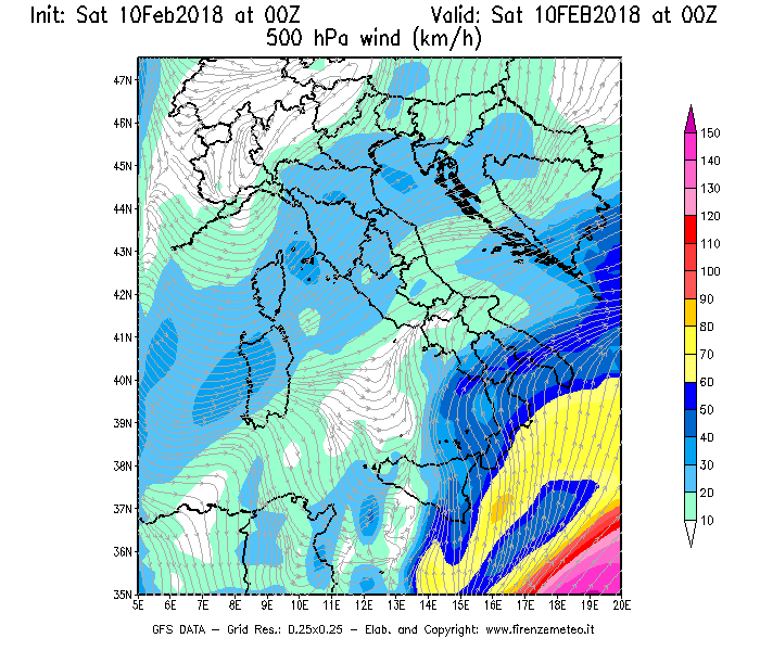 Mappa di analisi GFS - Velocità del vento a 500 hPa [km/h] in Italia
							del 10/02/2018 00 <!--googleoff: index-->UTC<!--googleon: index-->