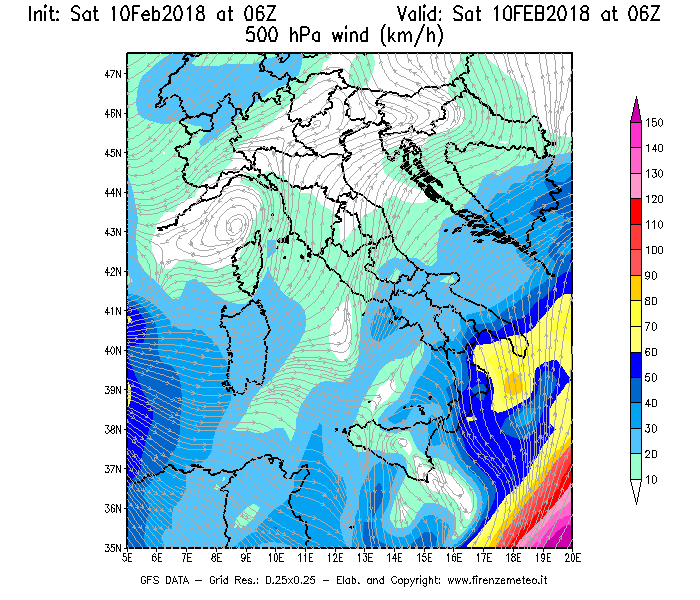 Mappa di analisi GFS - Velocità del vento a 500 hPa [km/h] in Italia
							del 10/02/2018 06 <!--googleoff: index-->UTC<!--googleon: index-->