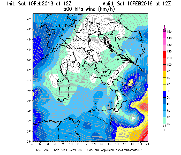 Mappa di analisi GFS - Velocità del vento a 500 hPa [km/h] in Italia
							del 10/02/2018 12 <!--googleoff: index-->UTC<!--googleon: index-->