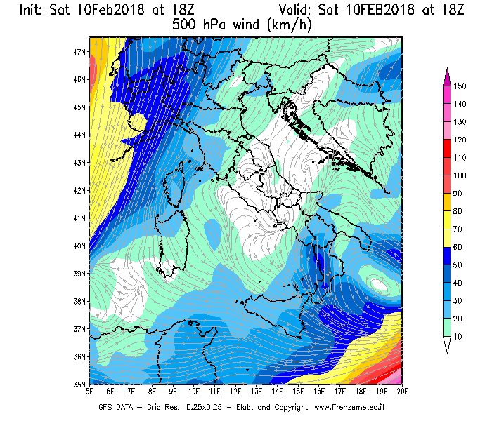 Mappa di analisi GFS - Velocità del vento a 500 hPa [km/h] in Italia
							del 10/02/2018 18 <!--googleoff: index-->UTC<!--googleon: index-->