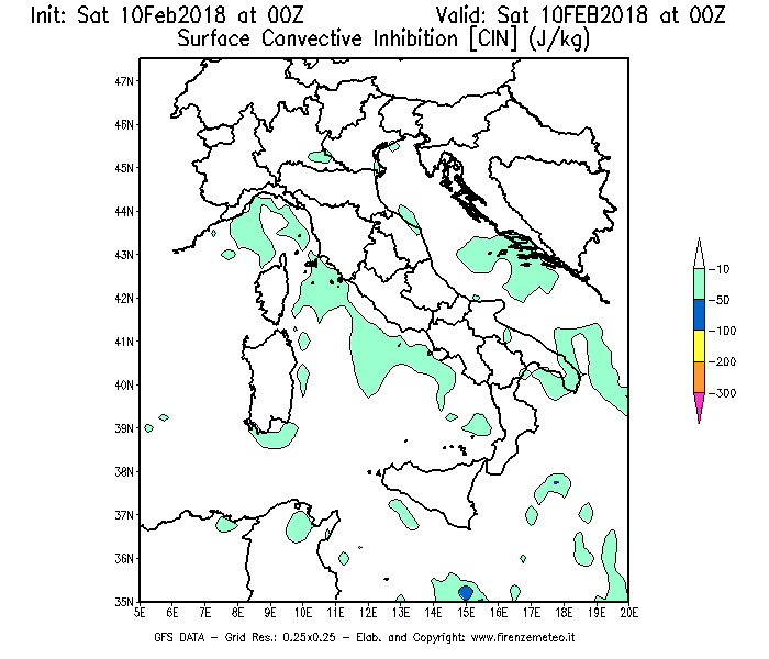 Mappa di analisi GFS - CIN [J/kg] in Italia
							del 10/02/2018 00 <!--googleoff: index-->UTC<!--googleon: index-->