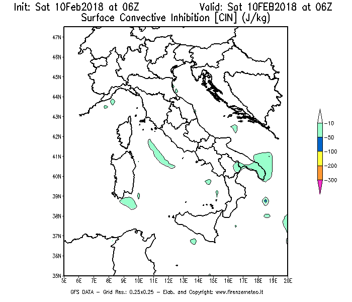 Mappa di analisi GFS - CIN [J/kg] in Italia
							del 10/02/2018 06 <!--googleoff: index-->UTC<!--googleon: index-->