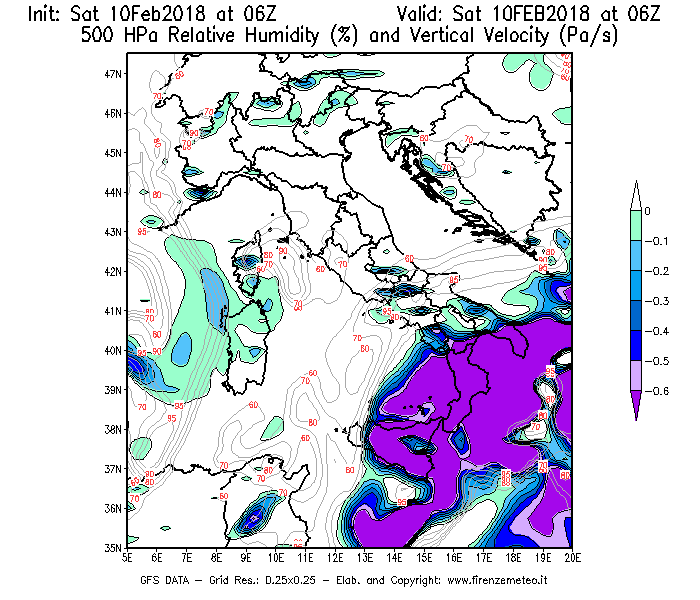 Mappa di analisi GFS - Umidità relativa [%] e Omega [Pa/s] a 500 hPa in Italia
							del 10/02/2018 06 <!--googleoff: index-->UTC<!--googleon: index-->