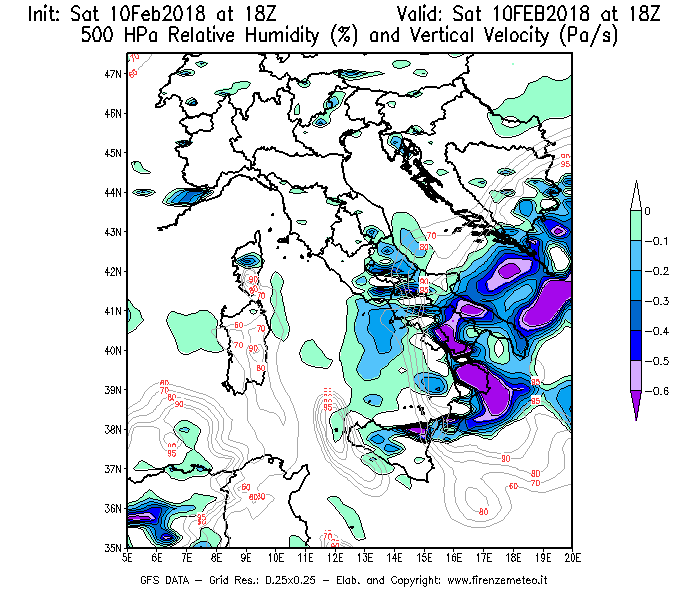 Mappa di analisi GFS - Umidità relativa [%] e Omega [Pa/s] a 500 hPa in Italia
							del 10/02/2018 18 <!--googleoff: index-->UTC<!--googleon: index-->
