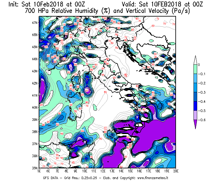 Mappa di analisi GFS - Umidità relativa [%] e Omega [Pa/s] a 700 hPa in Italia
							del 10/02/2018 00 <!--googleoff: index-->UTC<!--googleon: index-->