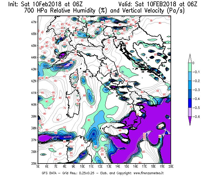 Mappa di analisi GFS - Umidità relativa [%] e Omega [Pa/s] a 700 hPa in Italia
							del 10/02/2018 06 <!--googleoff: index-->UTC<!--googleon: index-->