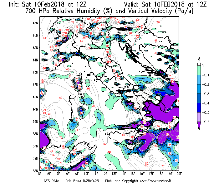 Mappa di analisi GFS - Umidità relativa [%] e Omega [Pa/s] a 700 hPa in Italia
							del 10/02/2018 12 <!--googleoff: index-->UTC<!--googleon: index-->