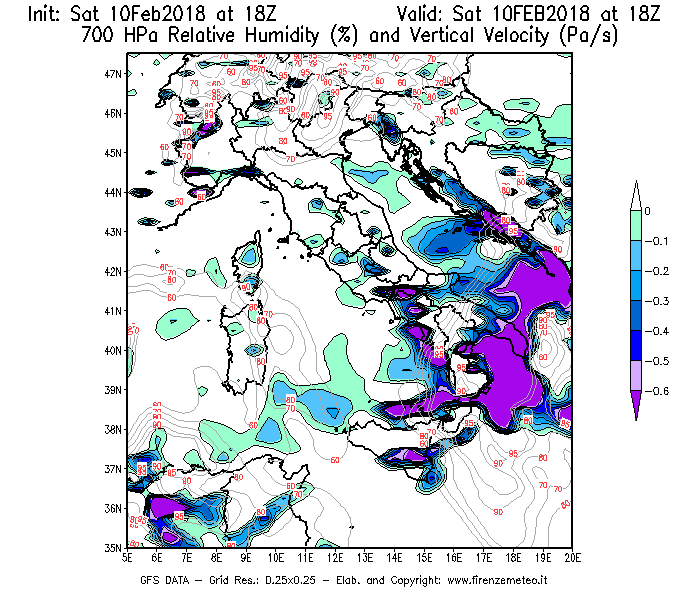 Mappa di analisi GFS - Umidità relativa [%] e Omega [Pa/s] a 700 hPa in Italia
							del 10/02/2018 18 <!--googleoff: index-->UTC<!--googleon: index-->