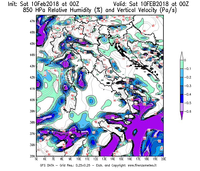 Mappa di analisi GFS - Umidità relativa [%] e Omega [Pa/s] a 850 hPa in Italia
							del 10/02/2018 00 <!--googleoff: index-->UTC<!--googleon: index-->