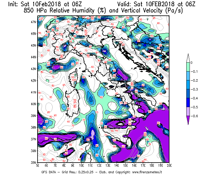 Mappa di analisi GFS - Umidità relativa [%] e Omega [Pa/s] a 850 hPa in Italia
							del 10/02/2018 06 <!--googleoff: index-->UTC<!--googleon: index-->