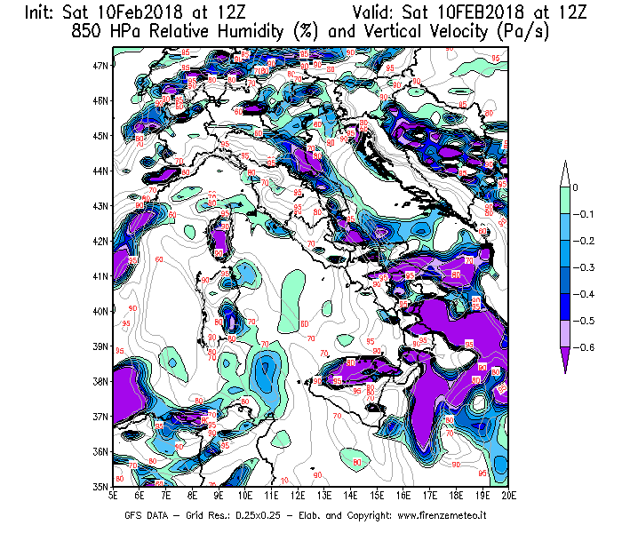 Mappa di analisi GFS - Umidità relativa [%] e Omega [Pa/s] a 850 hPa in Italia
							del 10/02/2018 12 <!--googleoff: index-->UTC<!--googleon: index-->