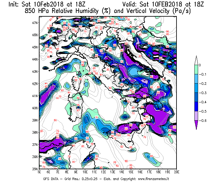 Mappa di analisi GFS - Umidità relativa [%] e Omega [Pa/s] a 850 hPa in Italia
							del 10/02/2018 18 <!--googleoff: index-->UTC<!--googleon: index-->