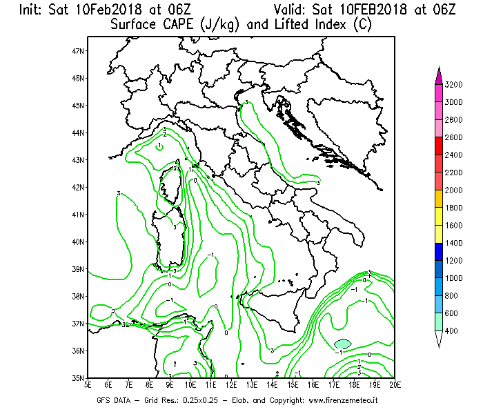 Mappa di analisi GFS - CAPE [J/kg] e Lifted Index [°C] in Italia
							del 10/02/2018 06 <!--googleoff: index-->UTC<!--googleon: index-->
