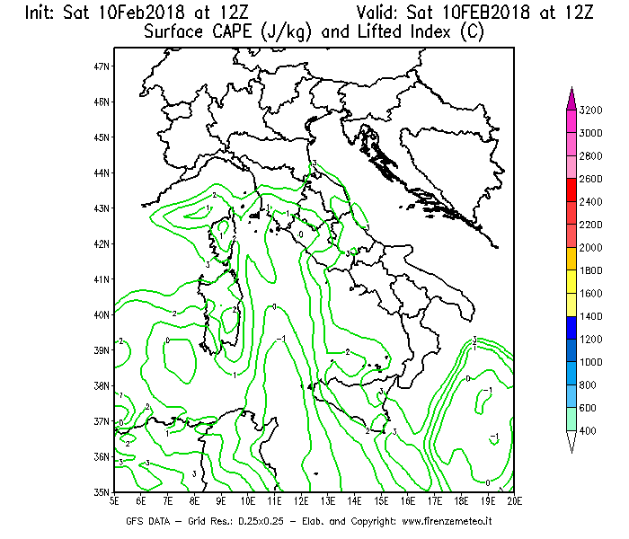 Mappa di analisi GFS - CAPE [J/kg] e Lifted Index [°C] in Italia
							del 10/02/2018 12 <!--googleoff: index-->UTC<!--googleon: index-->