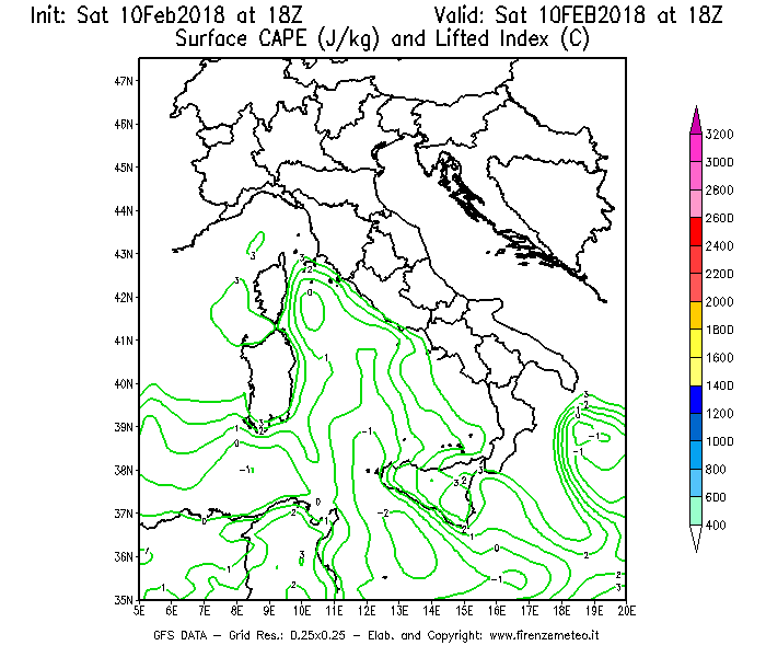 Mappa di analisi GFS - CAPE [J/kg] e Lifted Index [°C] in Italia
							del 10/02/2018 18 <!--googleoff: index-->UTC<!--googleon: index-->