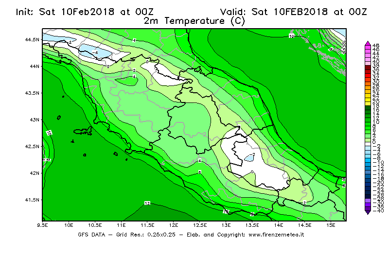 Mappa di analisi GFS - Temperatura a 2 metri dal suolo [°C] in Centro-Italia
							del 10/02/2018 00 <!--googleoff: index-->UTC<!--googleon: index-->