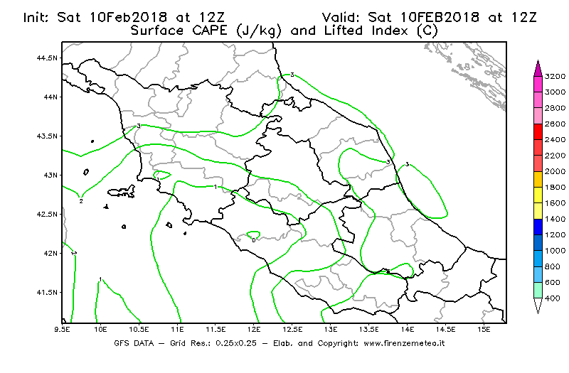 Mappa di analisi GFS - CAPE [J/kg] e Lifted Index [°C] in Centro-Italia
							del 10/02/2018 12 <!--googleoff: index-->UTC<!--googleon: index-->