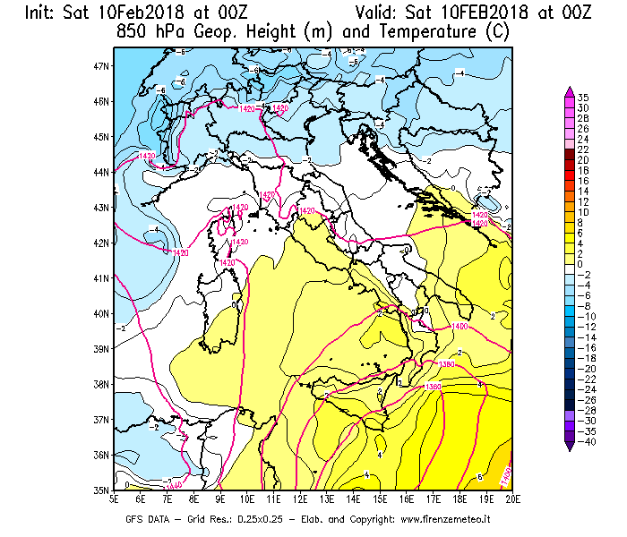 Mappa di analisi GFS - Geopotenziale [m] e Temperatura [°C] a 850 hPa in Italia
							del 10/02/2018 00 <!--googleoff: index-->UTC<!--googleon: index-->