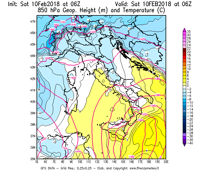 Mappa di analisi GFS - Geopotenziale [m] e Temperatura [°C] a 850 hPa in Italia
							del 10/02/2018 06 <!--googleoff: index-->UTC<!--googleon: index-->