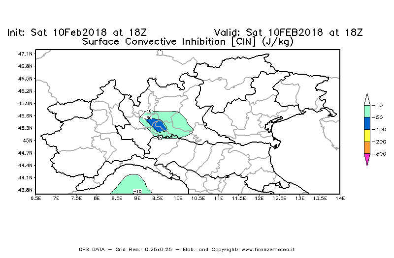 Mappa di analisi GFS - CIN [J/kg] in Nord-Italia
							del 10/02/2018 18 <!--googleoff: index-->UTC<!--googleon: index-->