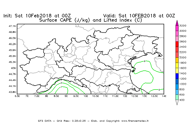 Mappa di analisi GFS - CAPE [J/kg] e Lifted Index [°C] in Nord-Italia
							del 10/02/2018 00 <!--googleoff: index-->UTC<!--googleon: index-->