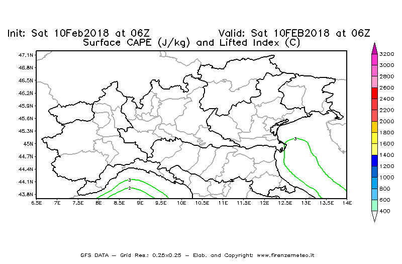 Mappa di analisi GFS - CAPE [J/kg] e Lifted Index [°C] in Nord-Italia
							del 10/02/2018 06 <!--googleoff: index-->UTC<!--googleon: index-->