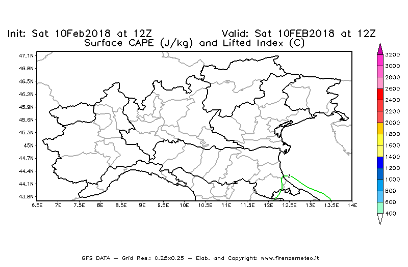 Mappa di analisi GFS - CAPE [J/kg] e Lifted Index [°C] in Nord-Italia
							del 10/02/2018 12 <!--googleoff: index-->UTC<!--googleon: index-->