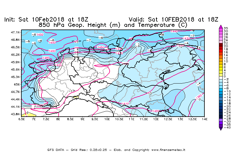 Mappa di analisi GFS - Geopotenziale [m] e Temperatura [°C] a 850 hPa in Nord-Italia
							del 10/02/2018 18 <!--googleoff: index-->UTC<!--googleon: index-->