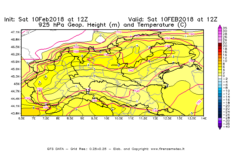 Mappa di analisi GFS - Geopotenziale [m] e Temperatura [°C] a 925 hPa in Nord-Italia
							del 10/02/2018 12 <!--googleoff: index-->UTC<!--googleon: index-->