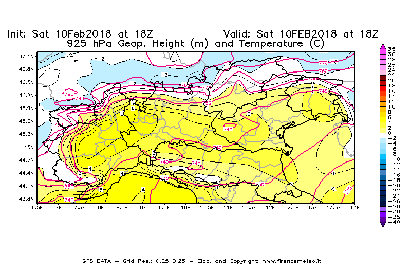 Mappa di analisi GFS - Geopotenziale [m] e Temperatura [°C] a 925 hPa in Nord-Italia
							del 10/02/2018 18 <!--googleoff: index-->UTC<!--googleon: index-->
