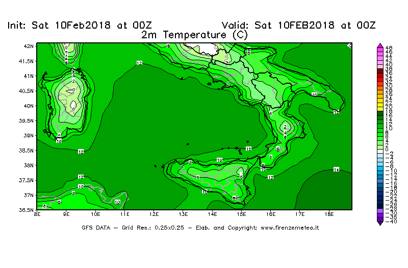 Mappa di analisi GFS - Temperatura a 2 metri dal suolo [°C] in Sud-Italia
							del 10/02/2018 00 <!--googleoff: index-->UTC<!--googleon: index-->